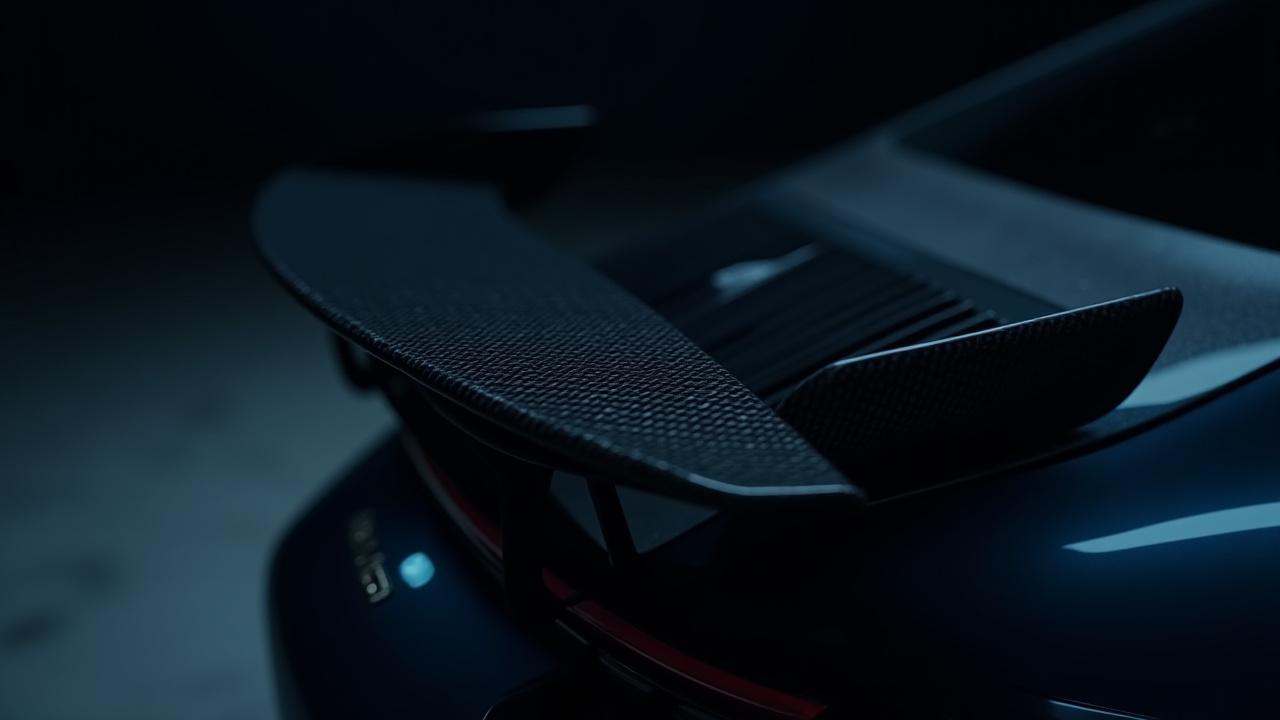Stunning close-up of a carbon fiber spoiler on a black supercar, hinting at speed and luxury.