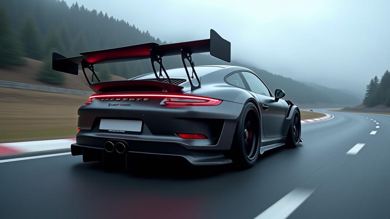 Porsche 911 GT3 with full carbon fiber body kit and aero modifications, gleaming.
