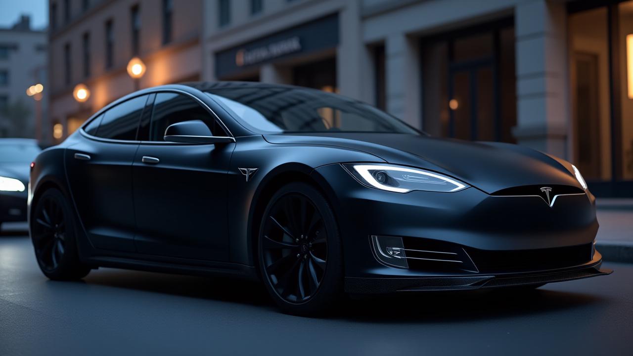 Tesla Model S Plaid wrapped in satin black with subtle carbon fiber accents, looking sleek.